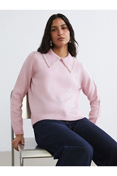 LC Waikiki Patenth'Den Pink Peter Pan collar Bead Embroidered Women's Knitwea...