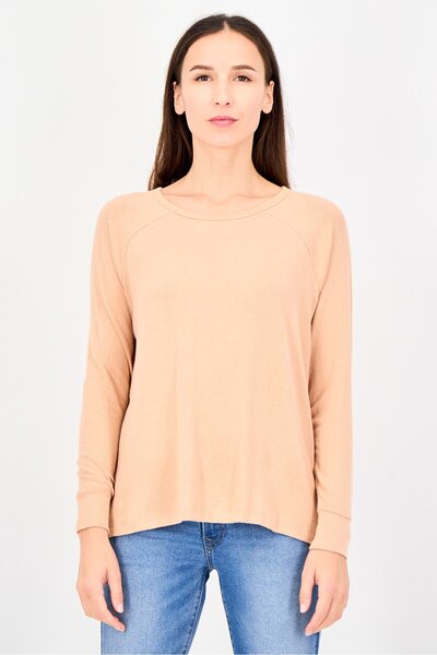 Undiz Women Round Neck Long Sleeve Plain Top, Beige