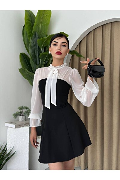 ETİKAFASHION Şifon Kol Mini Kloş Elbise