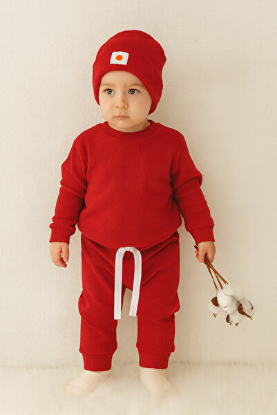 AKİF GİYİM Cotton Soft Beret 3-Piece Set Red
