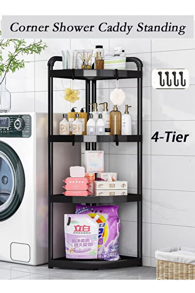 Generic 4-Tier Corner Rack - Corner Shower Basket Stand - Rust-Resistant Floor Organizer with 4 Hooks