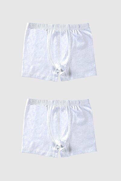 BAYKAR Erkek Çocuk Pamuklu Havlu Bel Düz Klasik Boxer 2'li Paket 3190 Beyaz