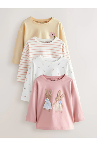 Next Baby %100 Organik Pamuklu Mavi/Pembe Tavşan Desenli Uzun Kollu 4'lü Üst/...