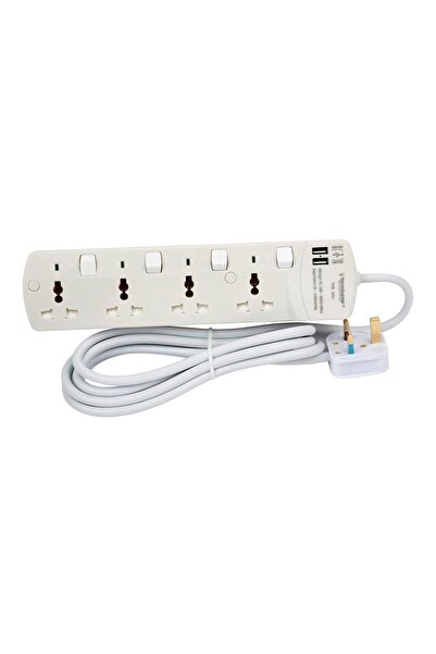 Terminatör 4 Way Universal Socket With 2 USB, Individual Switches, Indicators, 1.25mm² Cable 3M & 13A Plug