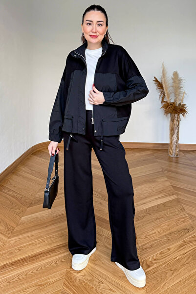 Cappmoda TKM-7039 Siyah Dik Yaka Fermuarlı Paraşüt Modal Takım