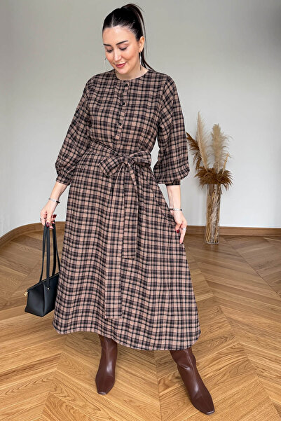 Cappmoda ELB-01839 Kahve-Vizon Kuşaklı Ekose Desenli Gömlek Elbise