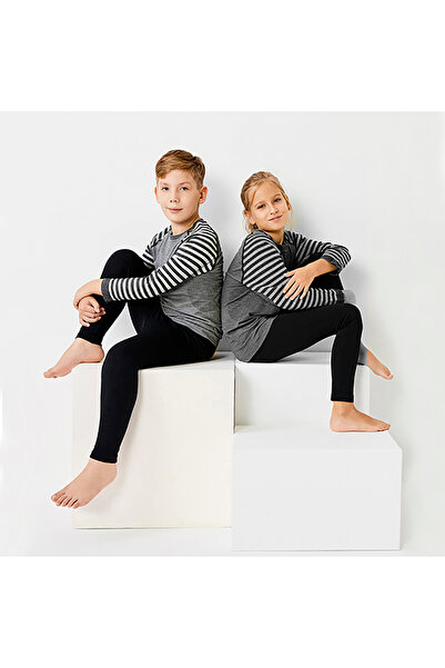 THERMOFORM Ultimate Merino Kids Seamless Striped Thermal Long Sleeve Underwear Set Anthracite