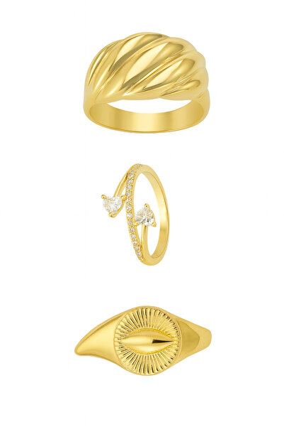 Teo Modern Tarz Zirkon Taşlı 3'lü Paslanmaz Çelik Yüzük Seti