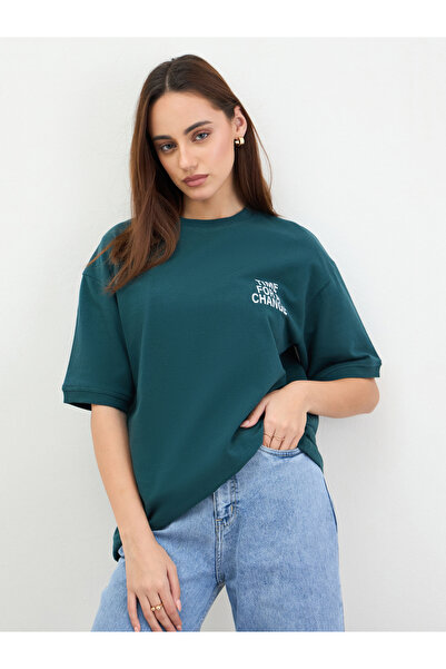 Styli Dark Green Oversized Slogan Print T-Shirt