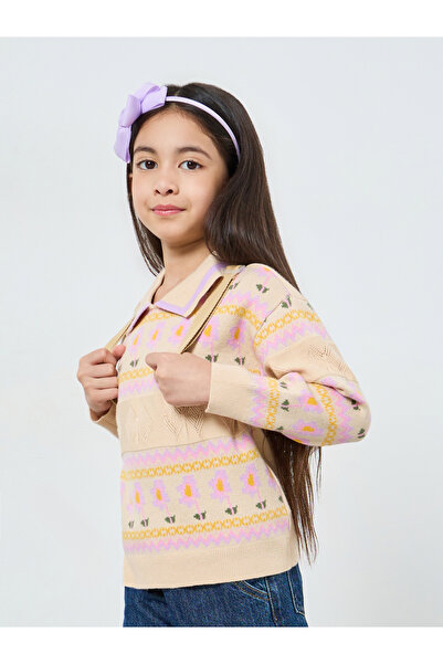 Styli Girls Beige Embroidered Knit Sweatshirt