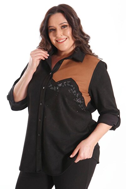 Metpoint Trend42Plus Plus Size Suede Stone Printed Black Shirt