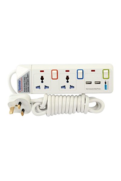 Terminatör مقبس تمديد طاقة ثنائي الاتجاه من Terminator مزود بمنفذي USB، كابل بطول 5 أمتار، 2.1 أمبير، وقابس 13 أمبير.