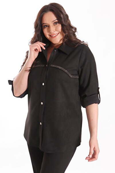 Metpoint Trend42Plus Large Size Stone Printed Suede Black Shirt