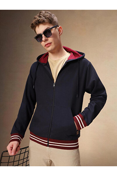 Dennis Lingo By Styli Men Navy Blue Striped Zip-Up Sweatshirt