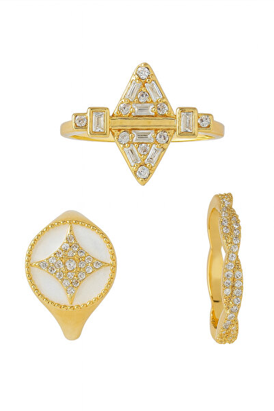 Teo Modern Tarz Zirkon Taşlı 3'lü Paslanmaz Çelik Yüzük Seti