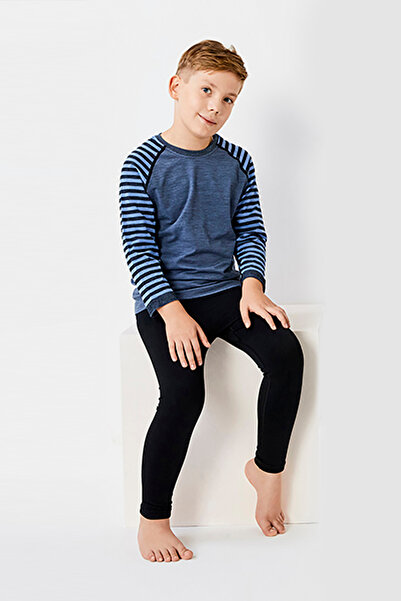 THERMOFORM Ultimate Merino Kids Seamless Striped Thermal Long Sleeve Underwear Set Blue