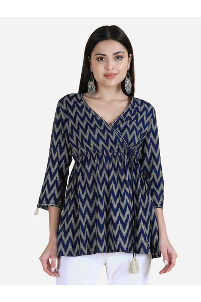 KASYA By Styli Blue Viscose Chevron Print Top
