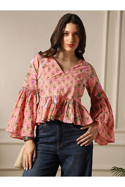 Globus By Styli Bell Sleeves Floral Print Paneled Peplum Tunic