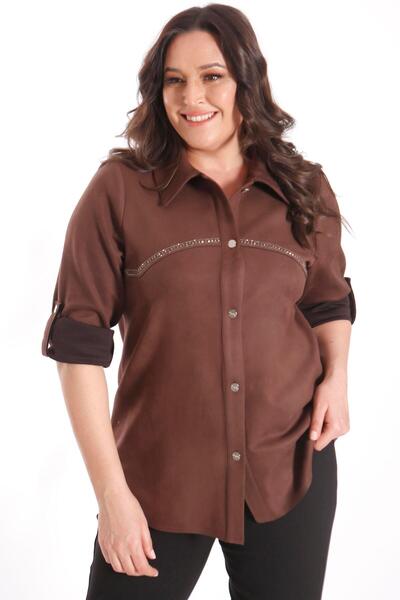 Metpoint Trend42Plus Plus Size Stone Printed Suede Brown Shirt