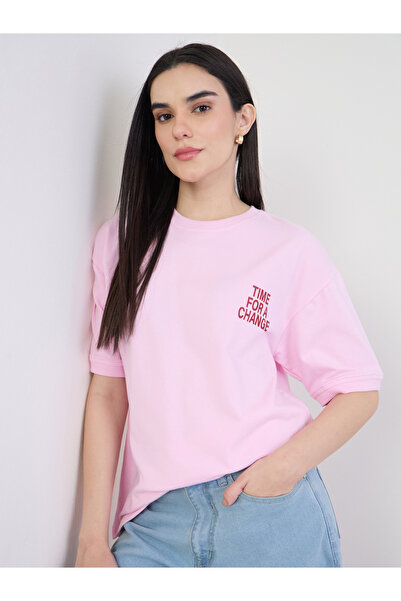 Styli Pink Oversized Slogan Print T-Shirt