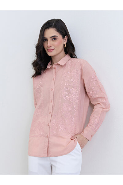 Styli Pink Embroidered Regular Fit Shirt