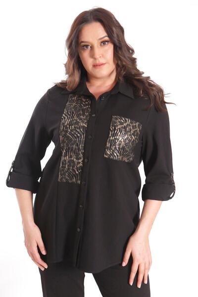 Metpoint Trend42Plus Large Size Varak Printed Knitted Black Shirt