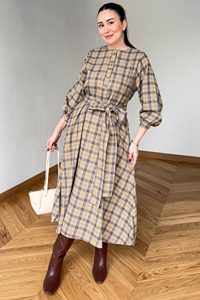 Cappmoda ELB-01839 Bej-Mavi Kuşaklı Ekose Desenli Gömlek Elbise