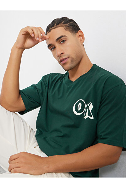 Styli Men Green Oversized Graphic Print T-Shirt