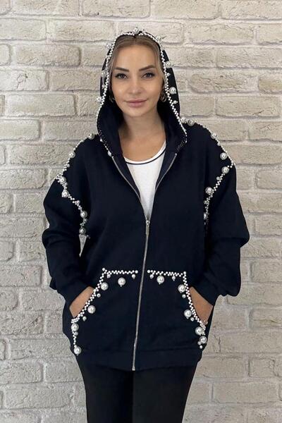 Muna Boutique Black Bead Detailed Front Zippered Hooded Women's Cardigan