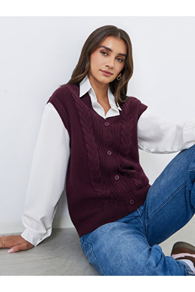 Styli Women Burgundy Cable Knit Vest