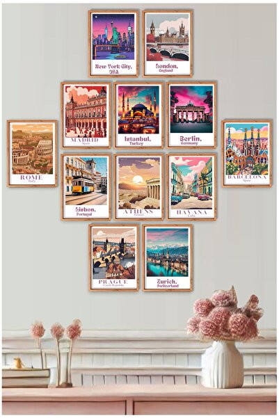 UNT 12 Parça Ahşap Çerçeve Görünümlü Travel Dünya Şehirleri Sanatsal Tablo Seti