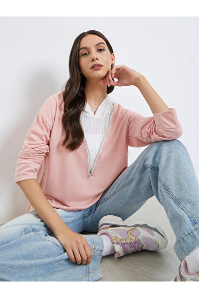Take Two By Styli Pink Zip-Up Color Blocked Hoodie