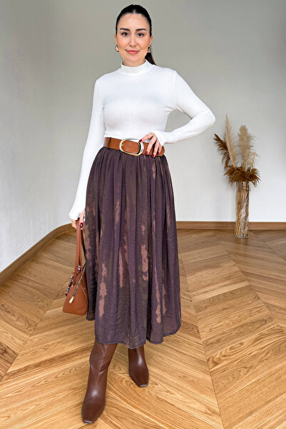 Cappmoda ETK-254090 Kahverengi Desenli Şifon Kemerli Maksi Etek