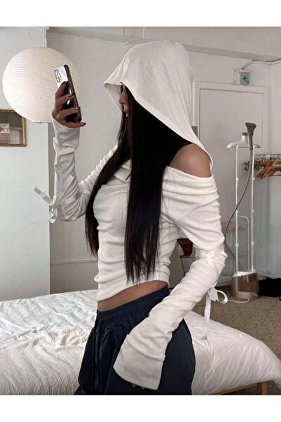 La Saade Angel Off-Shoulder Hoodie-Aesthetic Look Beyaz Bağcık Detaylı Kapşon...