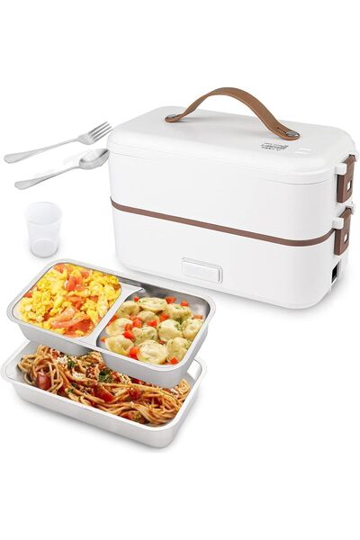 Beauenty علبة غداء بينتو كهربائية من الفولاذ المقاوم للصدأ 304، أقسام قابلة للإزالة، 220 فولت، طبقتان، لون أبيض