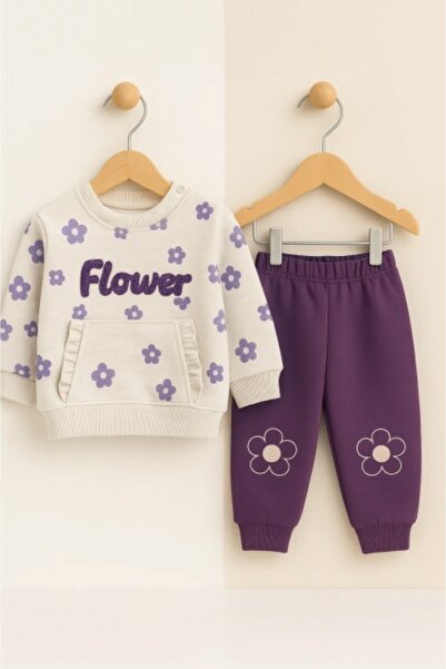Superbaby Flower 2-piece blouse and pants set, cream purple