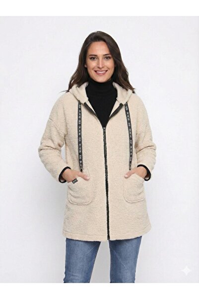 Zer Otantik Hooded Buklet Oversized over the Knee Coat Ecru