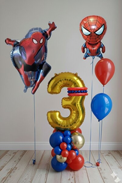 PARTİAVM 3 Yaş Gold Rakam Balonlu Örümcek Adam Doğum Günü Balon Seti Altın Ra...