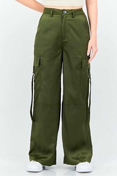 Brave Soul Women Solid Wide Leg Cargo Pants, Dark Olive