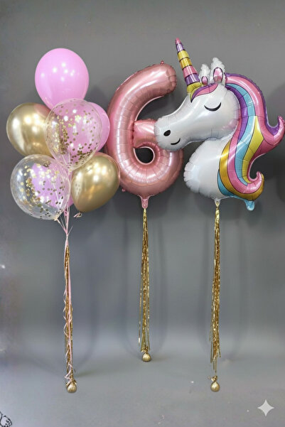 PARTİAVM Dev Unicorn Balon 6 Yaş Pembe Rakam Balon Makaron Pembe Gold Krom Ko...
