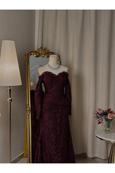 vanus fashion 6437- فستان سهرة برغندي بتصميم أنيق وكلاسيكي