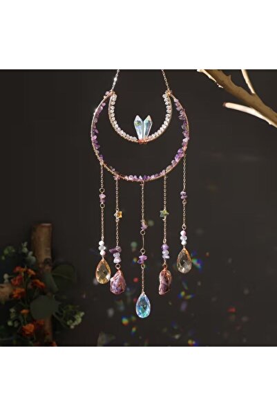 Bozy Dekoratif Ay Tasarımlı Kristal ve Doğal Taşlı Güneş Kapanı -İç Mekan Güneş Yakalayıcı Suncatcher