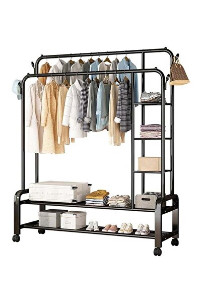 VOGMAX رف ملابس محمول مزدوج القضبان مع أرفف سفلية و4 خطافات - متين وقائم بذاته