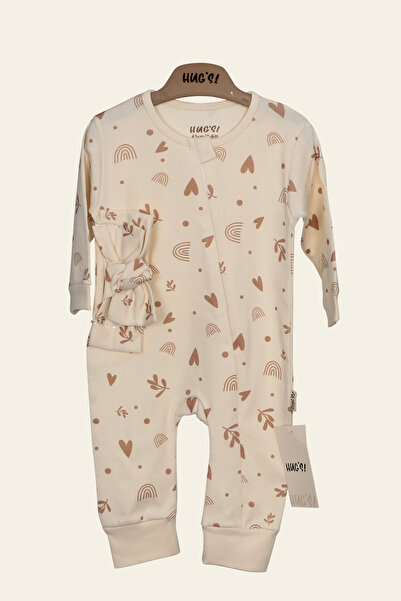 HUGS %100 Pamuk Kalp Desenli Fermuarlı Bandanalı Tulum