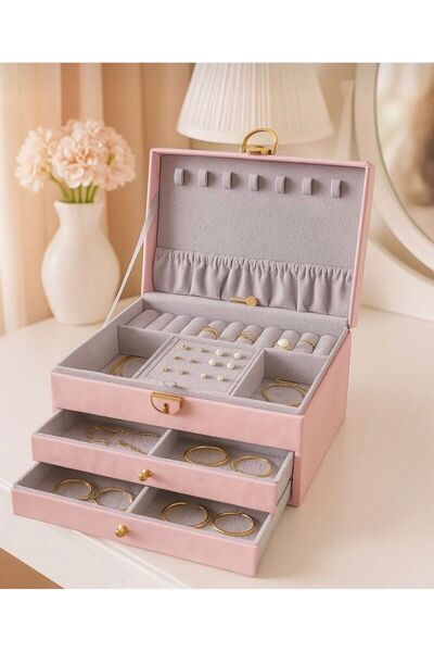 aetcr Jewelry Jewelry Box 3 Layers 2 Drawers Organizer Organizer Lockable Fau...
