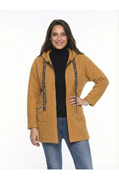 Zer Otantik Hooded Buklet Oversized Overknee Coat Taba