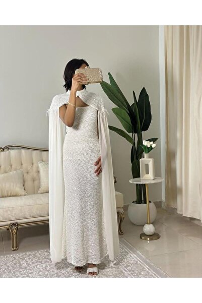 vanus fashion 6246- فستان أبيض ملكي بكاب أنيق يخطف الأنظار
