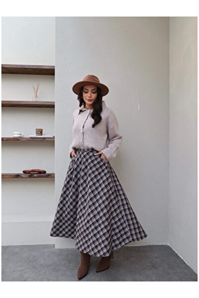 ESRAHELVACI Plaid Pocketed Flared Long Skirt