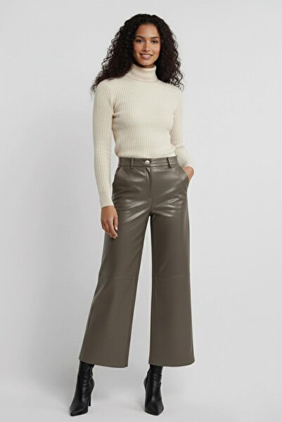 Deriderim Gray Genuine Leather Wide Leg Women's Trousers