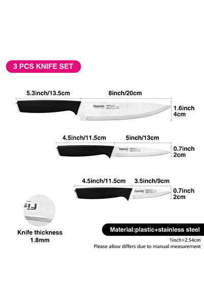 Fissman 3-Piece Knife Set Stainless Steel, 8'' Chef Knife | 5'' Utility Knife | 3.5'' Paring Knife